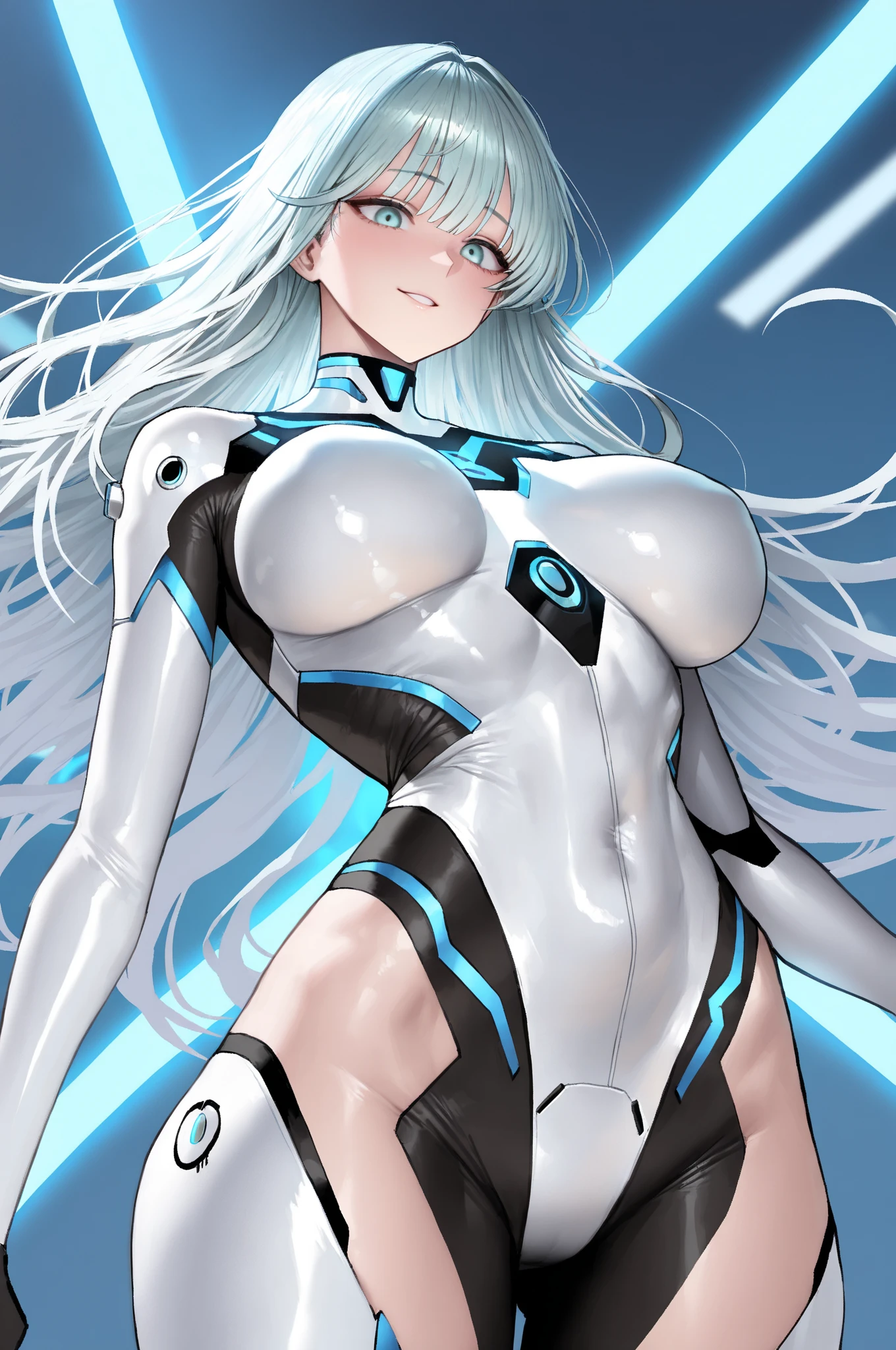girl, With big breasts, white spy suit, long white hair, blue eyes, futuristic armor, white lights.