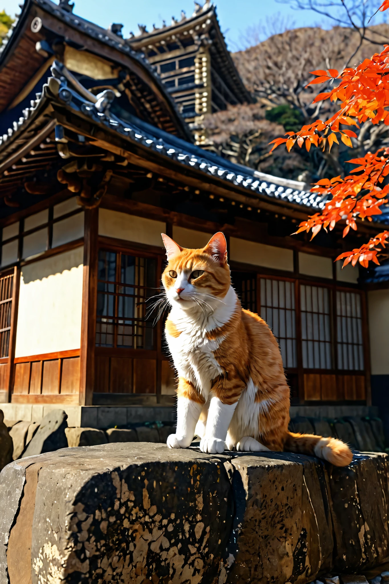 Cat on a rock, Japanese building in the background, Detailed wall, Detailed roofs ,  accurate Japanese buildings , on a sandy beach, detail fur, Accurate Cat 
[reflection, Brilliant Light, realistic, high definition photo, 4K, high resolution,  7-Japanese Architecture ]
   