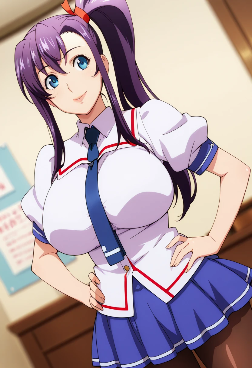 perfect eyes:1.2, detailed eyes:1.4, glossy skin:1.2, Blue sailor collar, school uniform, large breasts, skindentation, cowboy shot, pantyhose, serafuku, short sleeves, Red neckerchief, White shirt, Blue eyes, Purple hair, bangs, side ponytail, Hair ornament, 20yo, Young female, Beautiful Finger, Beautiful long legs, Beautiful body, Beautiful Nose, Beautiful character design, perfect balance, smile, 1girl, solo, (masterpiece:1.6, best quality), 8k, insane details, intricate details, hyperdetailed, hyper quality, high detail, ultra detailed, professional, HDR, ray tracing reflection, cinematic lighting,
