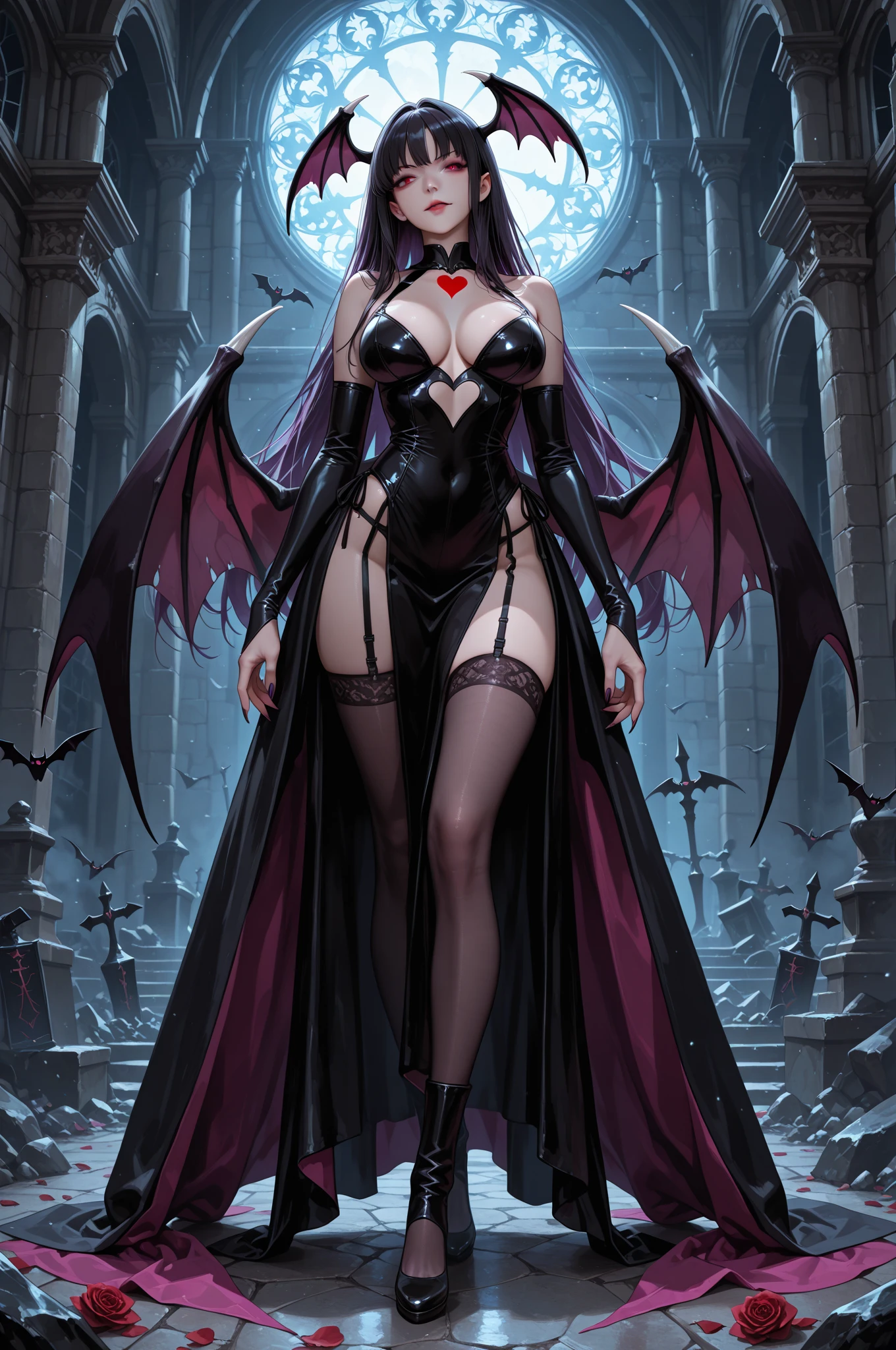 Full body photo of a woman holding a red wine glass in her right hand, 《Demon followers》The Mighty in ,This character has a vampire wing, White ice-colored hair,On the head is a black and reddish robe with an aperture, Vampire-themed costumes, Echoes from demons, xqc, sigma female。The bat is her slave,And wrapped around her side。