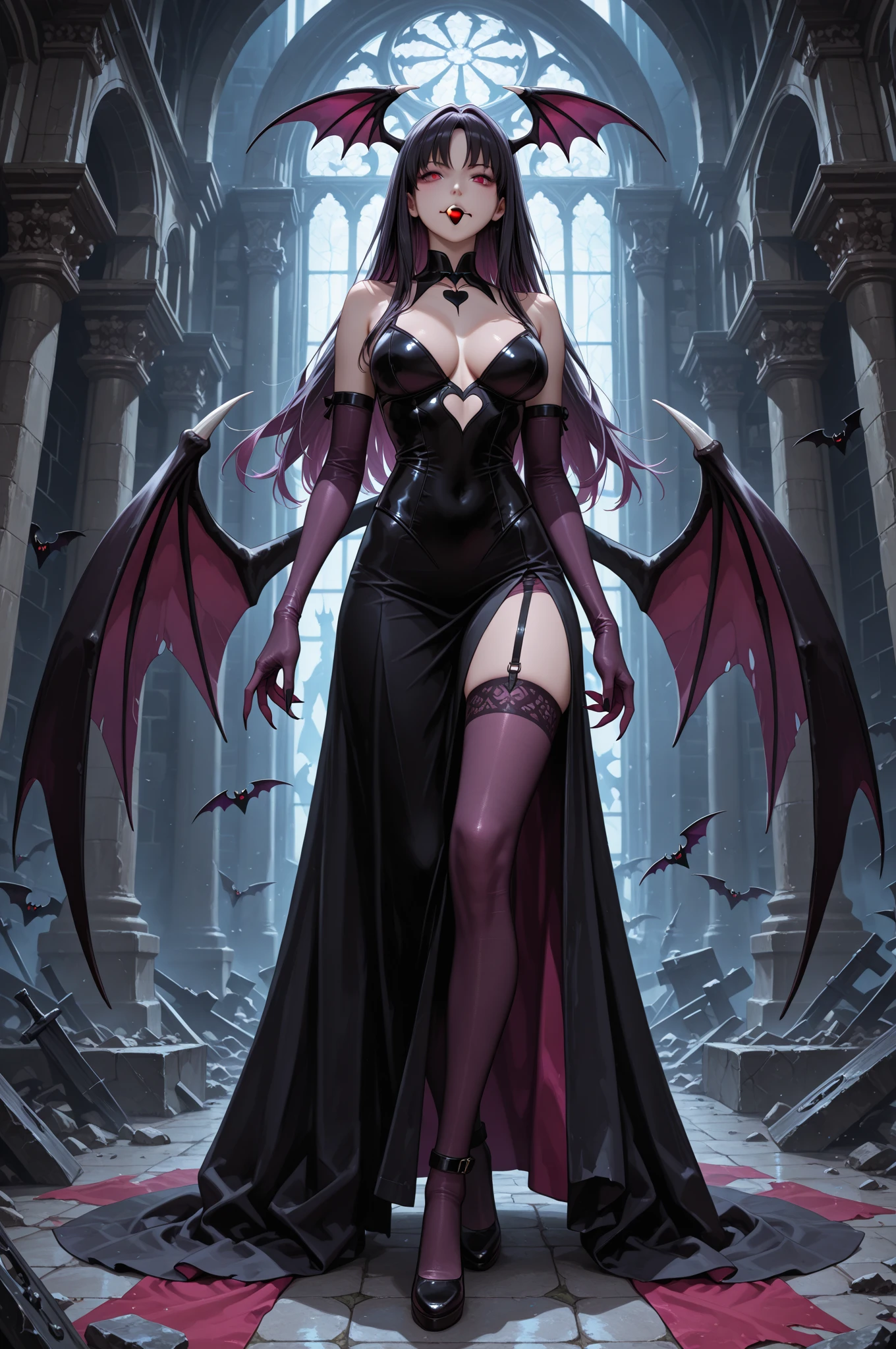 girl,Vampire Succubus,noble,Long legs,Red Purple Claw,The thin horns on the forehead,Slender red high heels,Red snake eyes,Pointed ears,Plump breasts,Solitary,Black long hair,Waist-length hair,Black and red long dress(Dark),Vampire Fangs,Seductive and charming face,Dark Bloodthirst,catwalk,Slender bat wings on the back,Open your mouth,Elegant,Keep,Inside the Palace,Succubus pattern on forehead,Malicious laughter,Black purple slender succubus tail