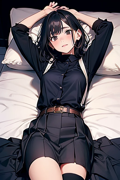 Brown short bob、Sleeveless white sweater、wearing a black jacket、Flared sleeves、Tight Skirt、Black Stockings、necklace、Lie down in bed、Disheveled clothes、Your cheeks are red、Large Breasts、Curved waist、slender、Beautiful clavicle