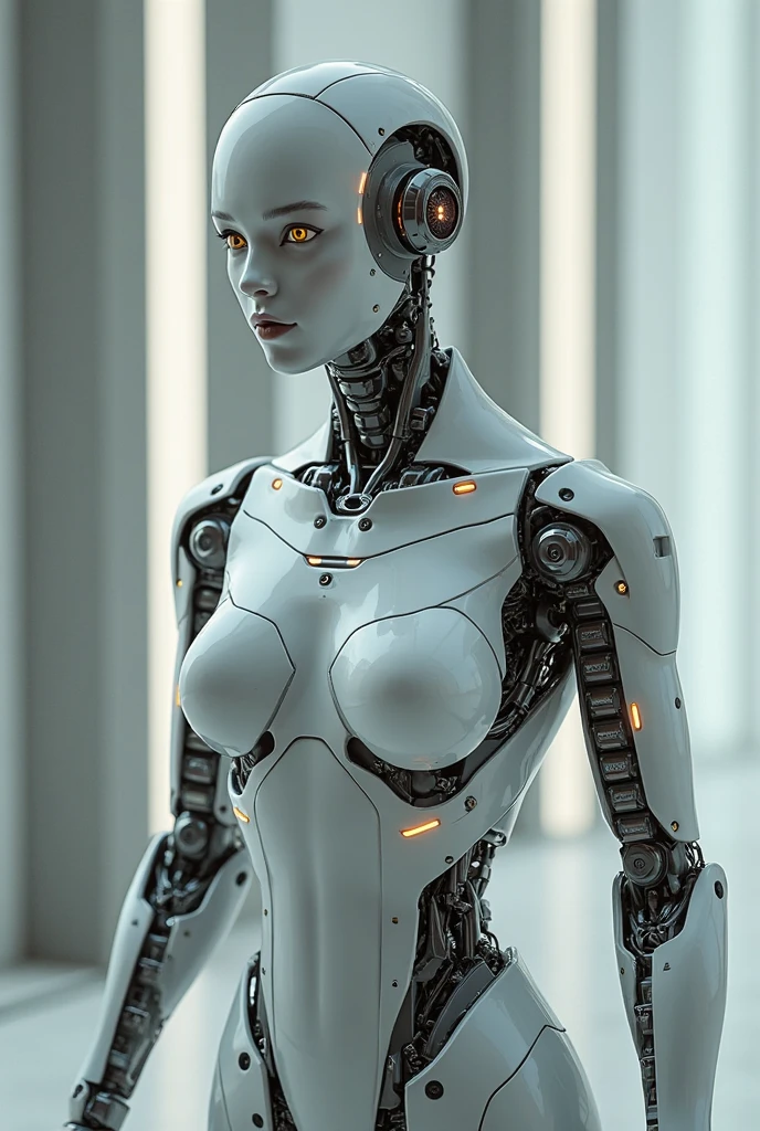 body, body, woman, Ultra-realistic, robot, cyborg, Plain background, Stands facing the spectators, super high quality, Metal, Dressed, (View your viewers)