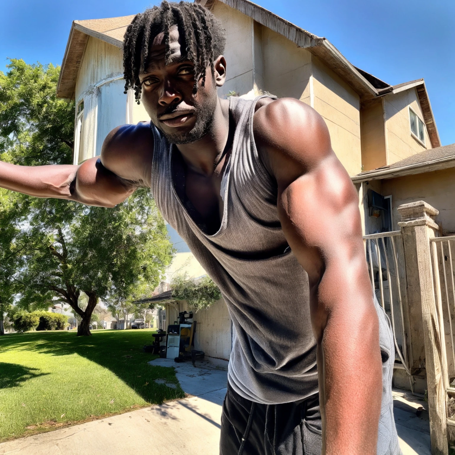  (K1ngabdul), african male, muscle, fitness, dark skin, black, fit, 1boy, facial hair, male focus, dark skin, solo, realistic, dark-skinned male, beard, photo background, road, tree, very dark skin, outdoors, tank top, day, black hair, street, smile, muscular, house, sky, RAW, hyper detailed photorealistic, life-like, accurate, proportional, sharp focus, (accurate cinematic lighting), photorealistic detail, (selective focus:0.6)   photo of perfect eyes, large biceps (point of view)