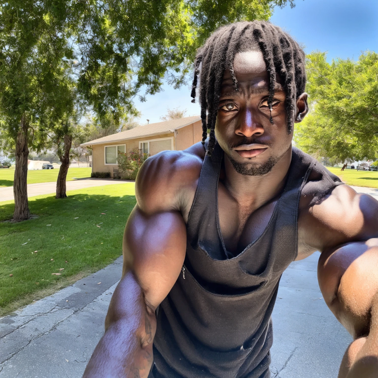  (K1ngabdul), african male, muscle, fitness, dark skin, black, fit, 1boy, facial hair, male focus, dark skin, solo, realistic, dark-skinned male, beard, photo background, road, tree, very dark skin, outdoors, tank top, day, black hair, street, smile, muscular, house, sky, RAW, hyper detailed photorealistic, life-like, accurate, proportional, sharp focus, (accurate cinematic lighting), photorealistic detail, (selective focus:0.6)   photo of perfect eyes, large biceps (point of view)