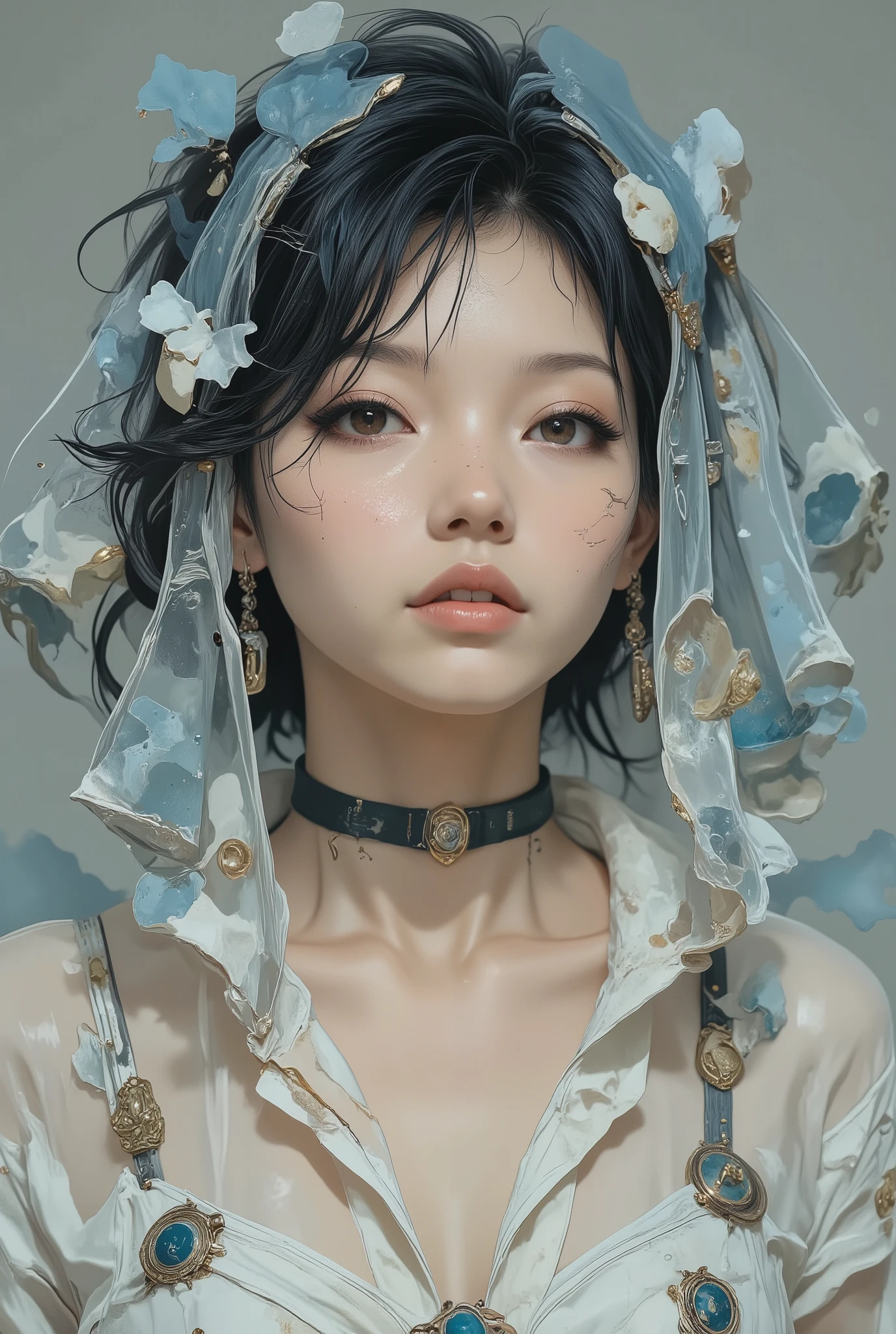 Create a surreal upper body portrait of a dark-haired woman with a petite physique, enveloped in a delicate, transparent cape that flows like mist around her. Her expression is enigmatic, eyes shimmering with a haunting depth, as if she’s a spirit caught between worlds. The muted color scheme emphasizes ethereal blues and soft whites, evoking a dreamlike quality, while ghostly porcelain-like textures add layers of intrigue. The lighting is cinematic, with soft highlights and shadows that sculpt the intricate details of her features, enhancing the tribal rococo beauty elements in her attire. This studio photo embraces a watercolor effect, where shapes and colors blend subtly, captivating the viewer in this surreal, ephemeral moment. The overall composition should evoke a sense of wonder, drawing the viewer into a fantastical yet intimate realm, masterpiece, sharp focus, depth of field, unreal engine, perfect composition,artreal,vividcolor,hiperrealistic,etereoreal,enhanced, shy pose,