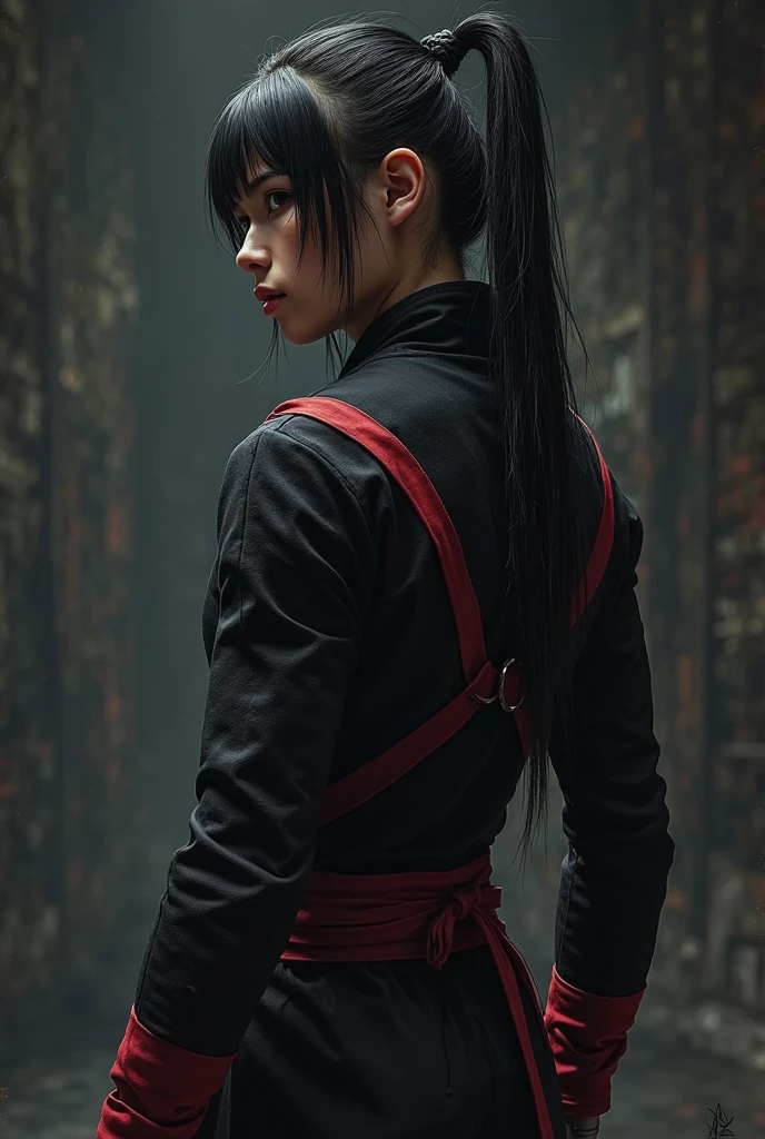 A beautiful chinese women warrior, weapon, 1girl, red full armor, sword, black_hair, bun hairstyle, holding, dual_wielding, solo_focus, holding_weapon, holding_sword, old chinese background, brown_eyes, view from behind
