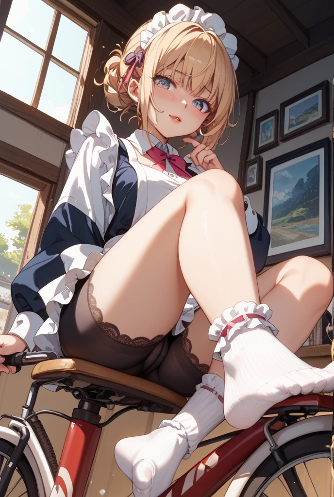 nsfw,High resolution、High resolution、high quality、masterpiece、1 female、Ellen Baker、School classmates、18-year-old、high school girl、Slim and long beautiful legs、skinny、blonde、blue eyes、Bedroom、Lying on the bed、((open legs:1.5)),Spread your legs wide、Knee Up、Cute pose、(((arms behind head:1.5))),blackboard、smile、((Head to toe))、((Close-up of a woman))、(((school uniform))),((White Shirt)),((Blue Neck Ribbon)),((Pleated skirt))、((((Black knee-length socks))))、loafers,show panty,Yellow-green panties、Award-winning design panties、((I slept with my legs open...))、((trembling:1.4)),(((Normal position))),one eye cloth,hetero、intercourse with a man、clothed sex,,
