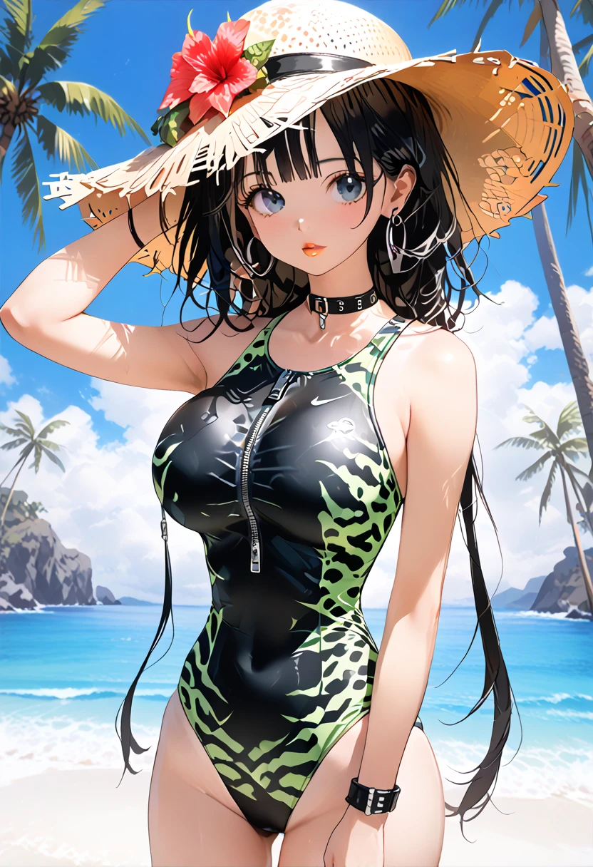 highest quality、Highest image quality、beautiful eyes、very delicate and beautiful、beautiful eyes、pink eyes、Soio、Soio、11 year old girl、Japanese、、Chiquita、Noble、primary school student、black hair、barefoot、（Judo）、(((The lower body is in a camouflage leotard)))、（High leg）、tiara on head、A sluggish smile、standing and facing the front、Jungle background