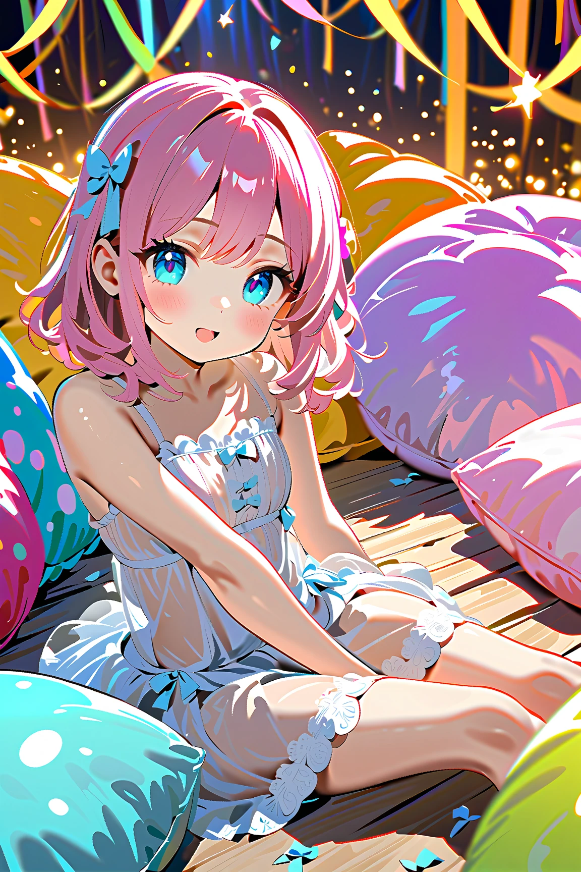 ((8k, Highest quality, masterpiece: 1.3)),Ultra-high resolution,(1 girl, alone), (Color changing eyes, Ultra-detailed, Expressive brilliance, Glitter, Glowing Eyes), Highly detailed eyes, Highly detailed face, Random Hair, ((pastel colour))A vibrant young woman with pastel purple hair styled into twin braids, sitting on the edge of her bed during a lively afternoon. She is wearing a bright pink bikini with playful polka dots. The camera captures her from a low angle as she leans back on her hands, her legs spread wide apart, and a mischievous grin on her face. The room is brightly lit with natural light, with cheerful and colorful decor creating a lively and joyful atmosphere.