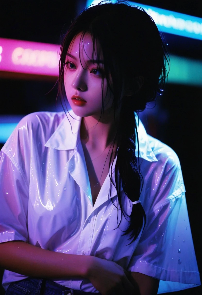 8k, RAW photo, best quality, masterpiece:1.2),(realistic, photo-realistic:1.37),Tokyo street,night, rain, wet,cityscape,night, cyberpunk city,soft light,1girl,, extremely beautiful face,bust,put down hands,Random hairstyle,Random hair color,Random expression,pigsney
