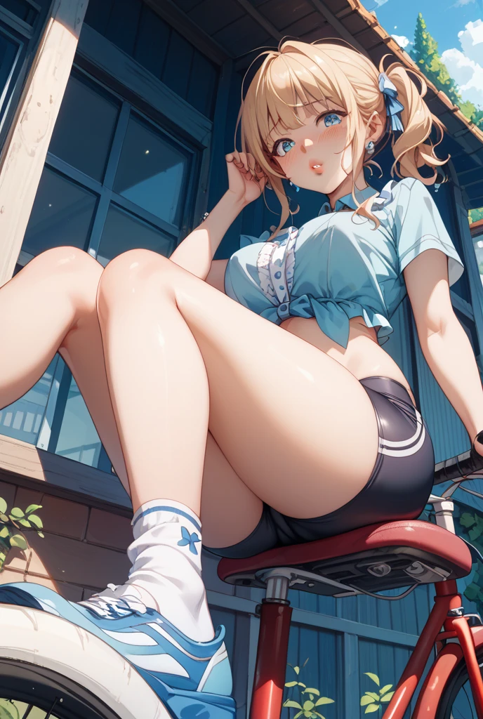 (8K, Highest quality, Highest quality, masterpiece), sit on the floor, (denim hot shorts 1:2), (mini shorts 1:2), big breasts, ((spread legs 1:2)), (open shorts), (pussy_peek), nm1, headphones around neck, long sleeves, blue cardigan, (fullbody), smile, school uniform, open jacket
