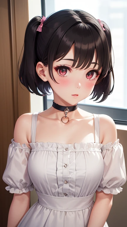 masterpiece, best quality, 1girl, black hair, very short hair, pixie cut, tan, medium breasts, messy hair, night, looking at viewer, blush, choker,