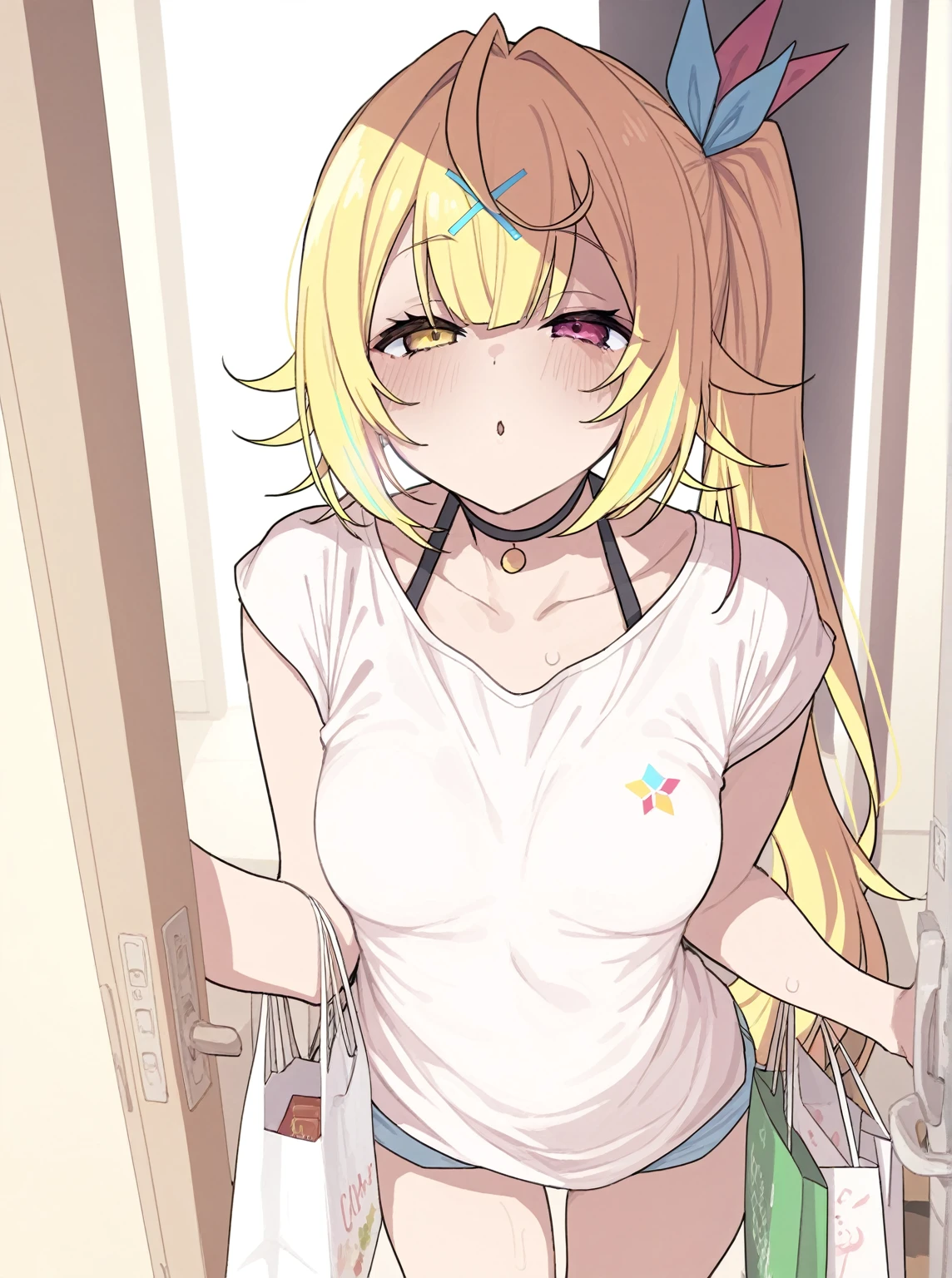 (masterpiece, best quality, high resolution: 1.4), 1girl, woman, butterfly star, horn tiara, covering with her hand, looking at the viewer, pink bikini, micro bikini, topless, in public, embarrassed, walking in public, ashamed, people looking, ((topless)), (grabbing her breasts: 1.5),