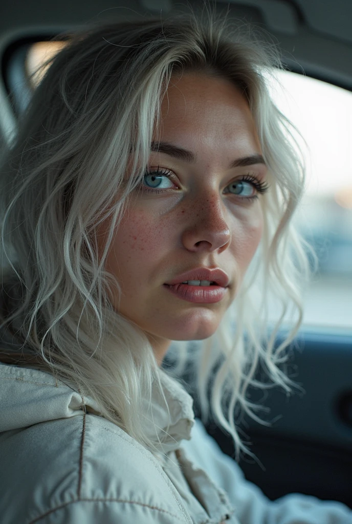 Sexy woman, pretty face, blue eyes 160cm, white hair, gothic, camping-car background