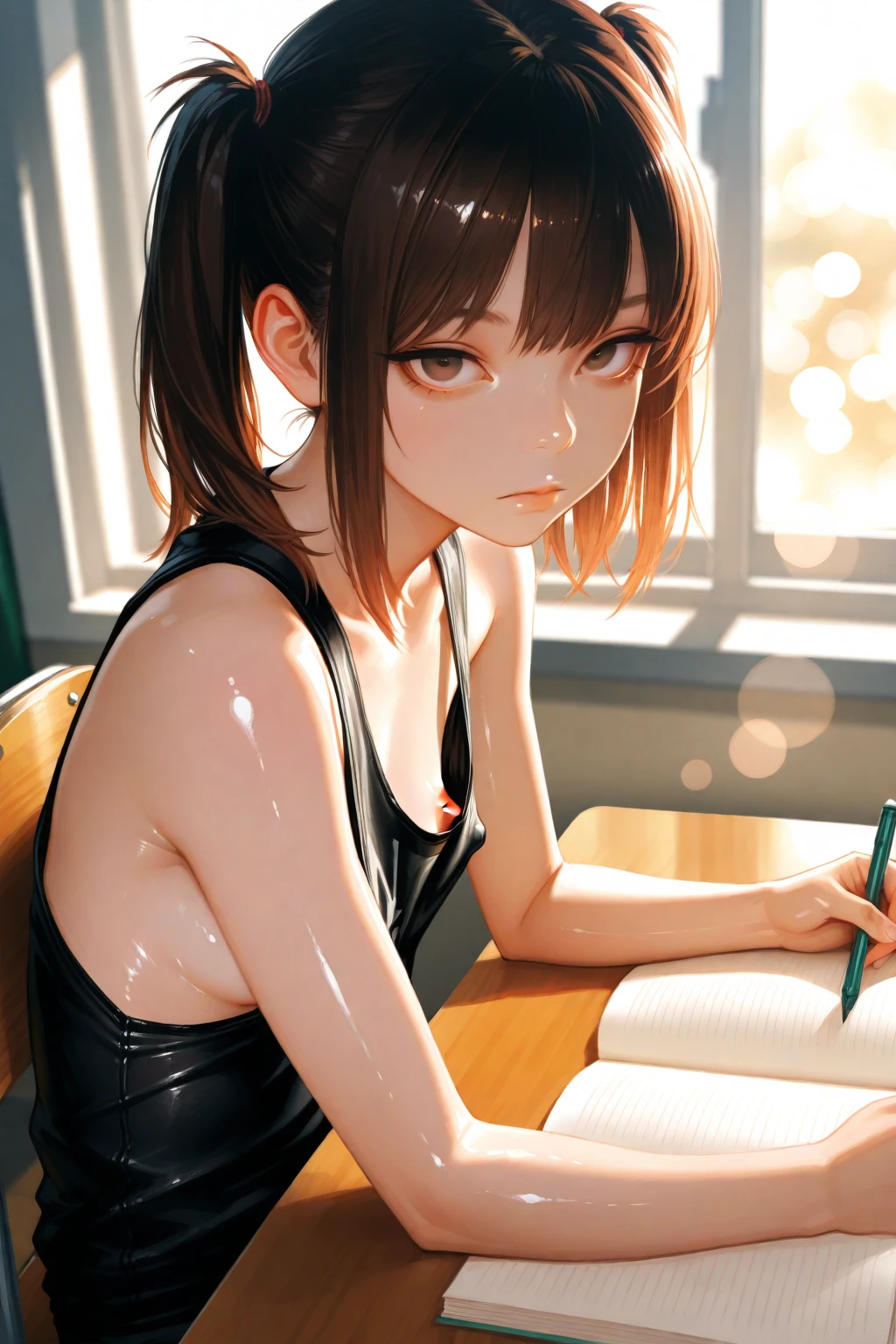 masterpiece, best quality, high resolution, one girl, loose t-shirt, girl sitting on chair studying drafting at desk, horizontal angle, studying, paperwork, brown hair, good luck studying, drafting, ponytail