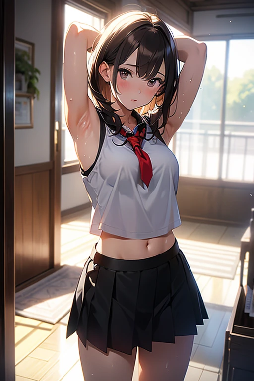 ((bdsm,hardcore,Folding cage、corporal punishment)),(masterpiece Best Quality, absurderes, Perfect Anatomy, Unity 8k Wallpapers,best anime), Detailed beautiful face and eyes,shoot from front,cowboy shot,(1woman,solo),16 year old beautiful girl、Japanese,((restraints on both wrists)),(red bruise from being beaten、(black leather collar,In underwear:1.5,white bra:1.5,white panties,camel toe)),(black hair,low twintails:1.4),red eyes、crying:1.5、((smaller head:1.5,skinny:1.2,slender body:1.3,ideal ratio body proportions:1.5,medium breasts:1.3,sweat:1.4)),standing,((corridor、Schools in Japan))、