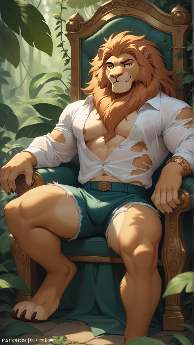 Lion, Male, long, blonde mane, barbe blond, yeux verts, ventre gras et rond, harnais poitrine, jockstrap serrant et moulant, position sexy, regard sexy, debout sur la terrasse d'un jardin