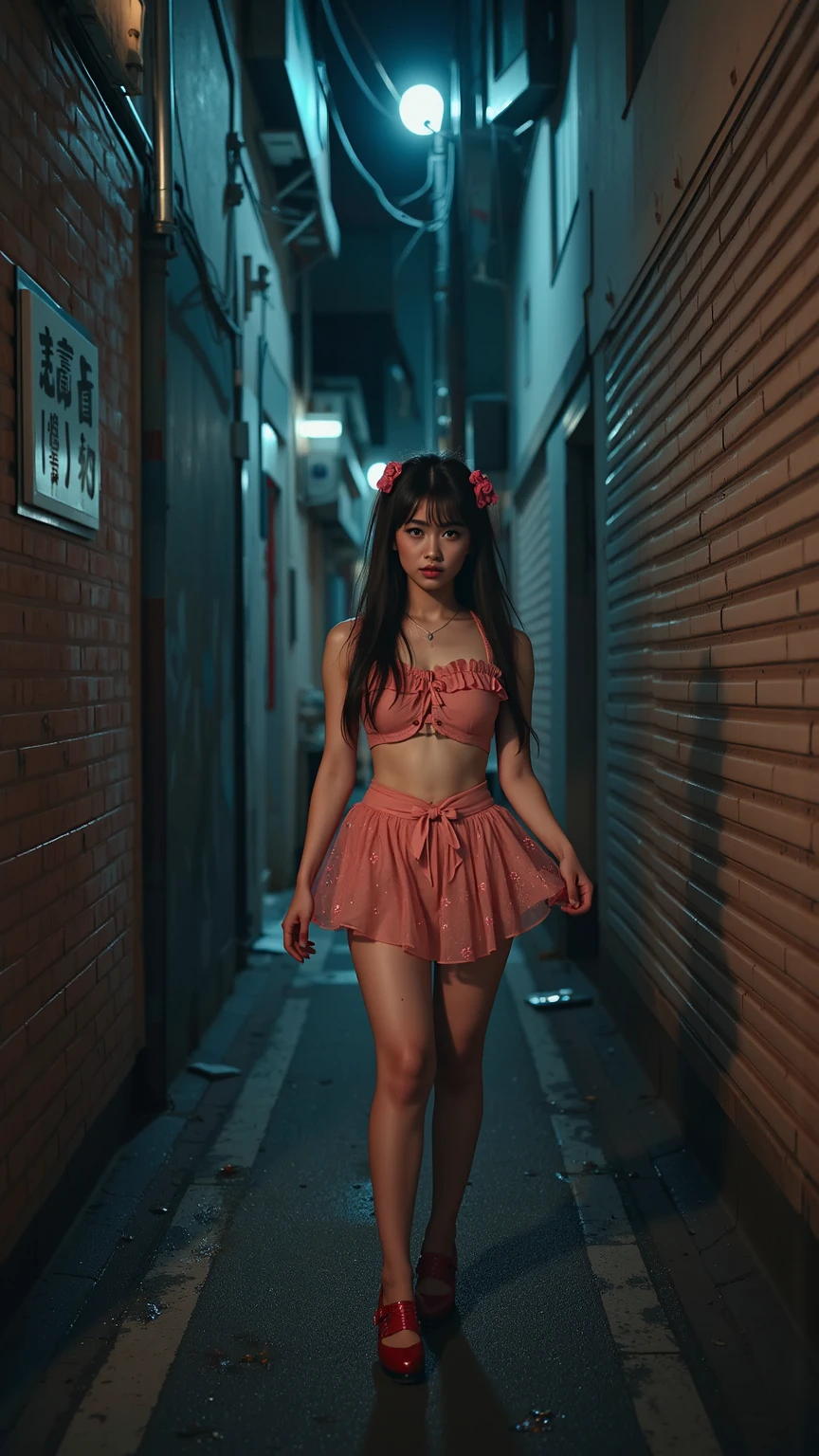 （（（（（（（All nude）））））））、（（（（（（（Wearing nothing）））））））Surrounded by a mysterious red light。((Reality)), s lips, Detailed background, 1girl in, Squatting in a dark alley、A strong red light shines on my face、16-year-old slim Japanese gravure idol、Natural Breast,, (plaid skirts), small 、Slimed、A slender、Long straight light brown hair, (soft smiling), Look at viewers,Narrow and cramped room、Camisole、Japan's Red Light District、(Prostitutes),(prostitute&#39;s room),(dark ilumination)