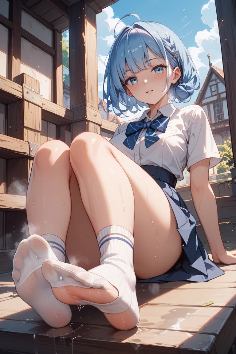 A girl sitting in short skirt in squat pose and her pantie is fully visible 