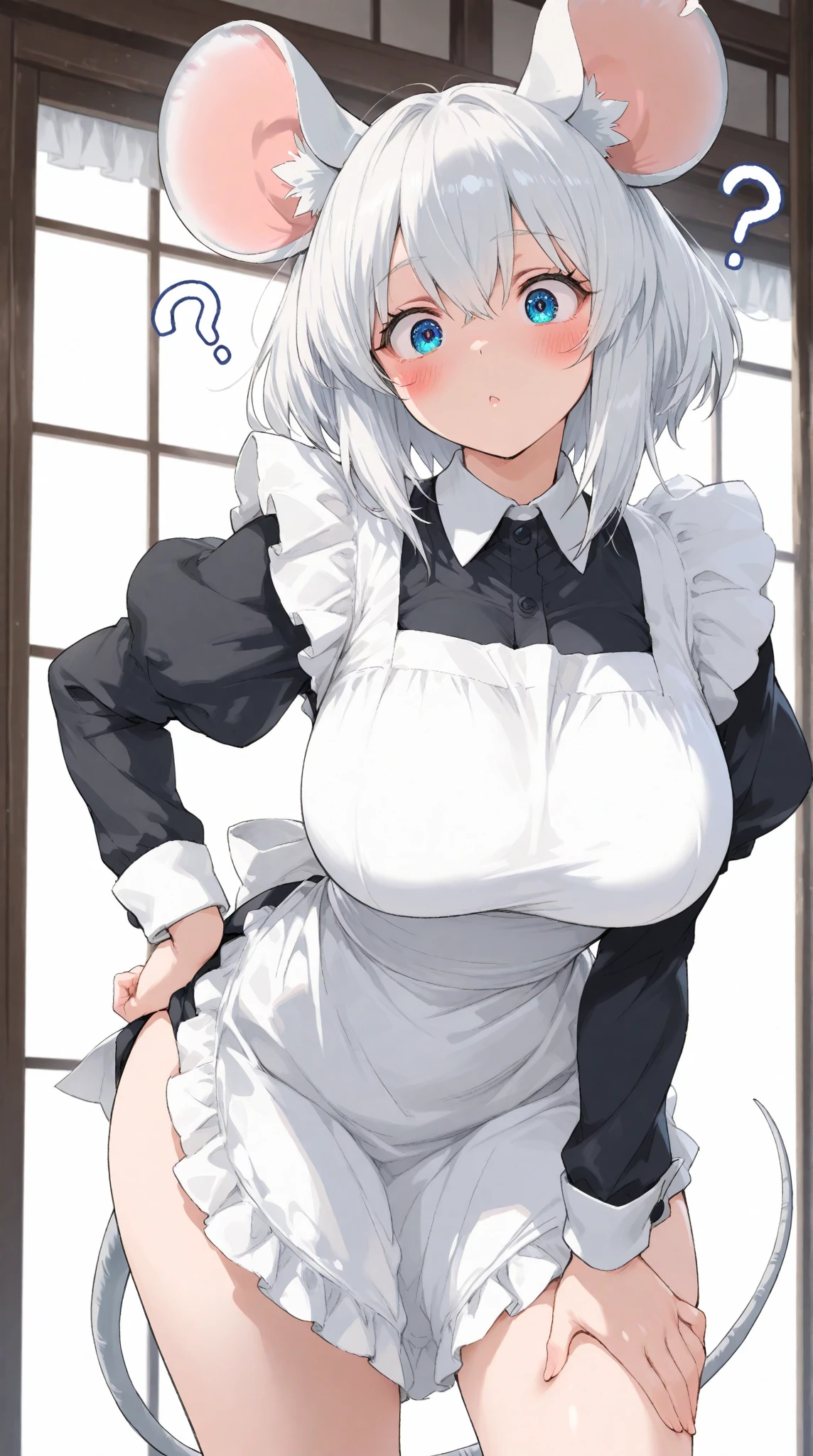 1girl, izayoi sakuya, maid uniform, taut clothes, :d, excited, horny, aroused, ahegao, bursting breasts, gigantic breasts, BEReaction, Breast expansion,