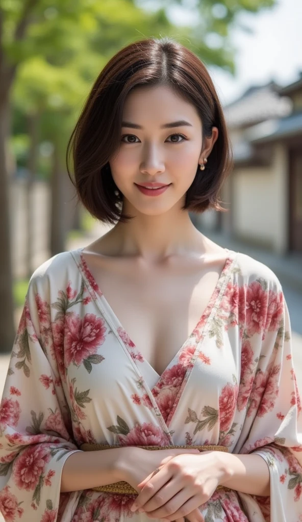 ​masterpiece、top-quality、超A high resolution、(photographrealistic:1.4)、((1girl in、White fair skin:1.4、age19、spotless、cute little、A dark-haired、bobhair_cut、shorth hair、Normal breasts:1.6))((Casual wear))、(portrait of japanese famous actress)、(A smile、Happiness、Joy、jolly、closes mouth)、、High detailed eyes、long neck、bangss、Lashes、Big eyes、In the street、Sweaters、Casual wear、The shirt、Japan floral yukata、matsuri