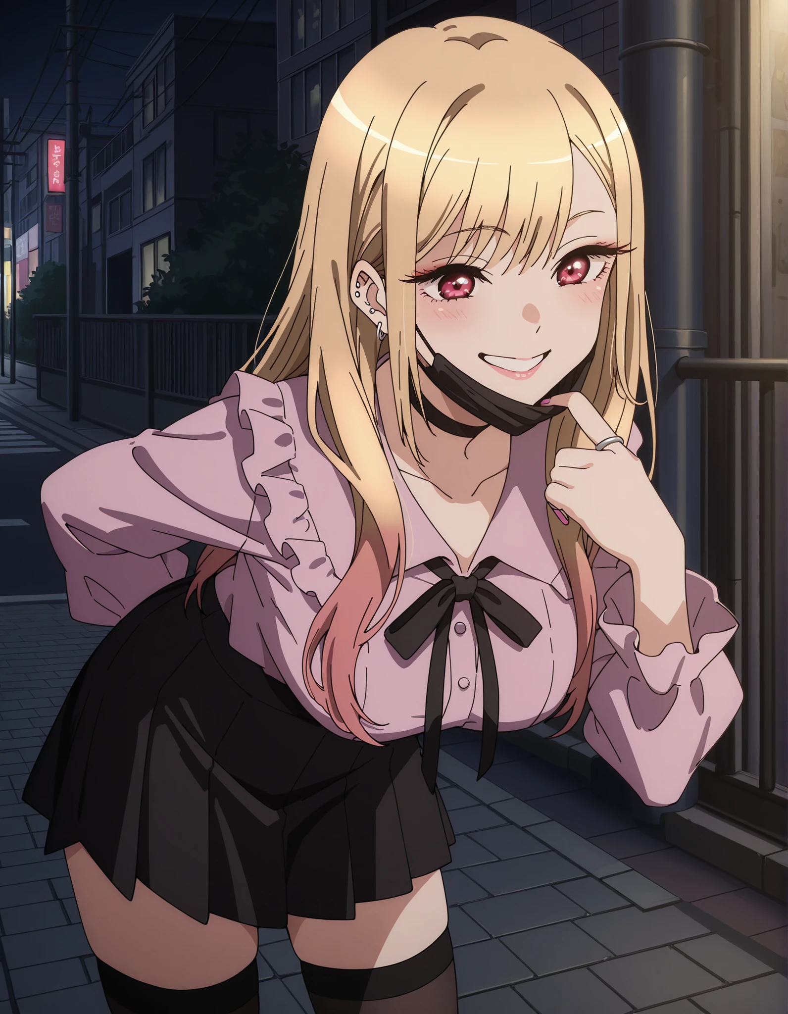 Score_9, score_8_up, score_7_up, source_anime, Marin Kitagawa, 1girl, solo, blonde hair, long hair, multicolored hair, red eyes, pink nails, nail polish, fingernails, jewelry, earrings, ear piercing, large breasts, (best quality), (high quality), {masterpiece}, extremely delicate and beautiful, ultra-detailed, beautiful detailed eyes, jirai kei, pink shirt, black skirt, black choker, black thighhighs, shibuya, street, night, black mask, mask pull, pink lips, smile, teeth, leaning forward
