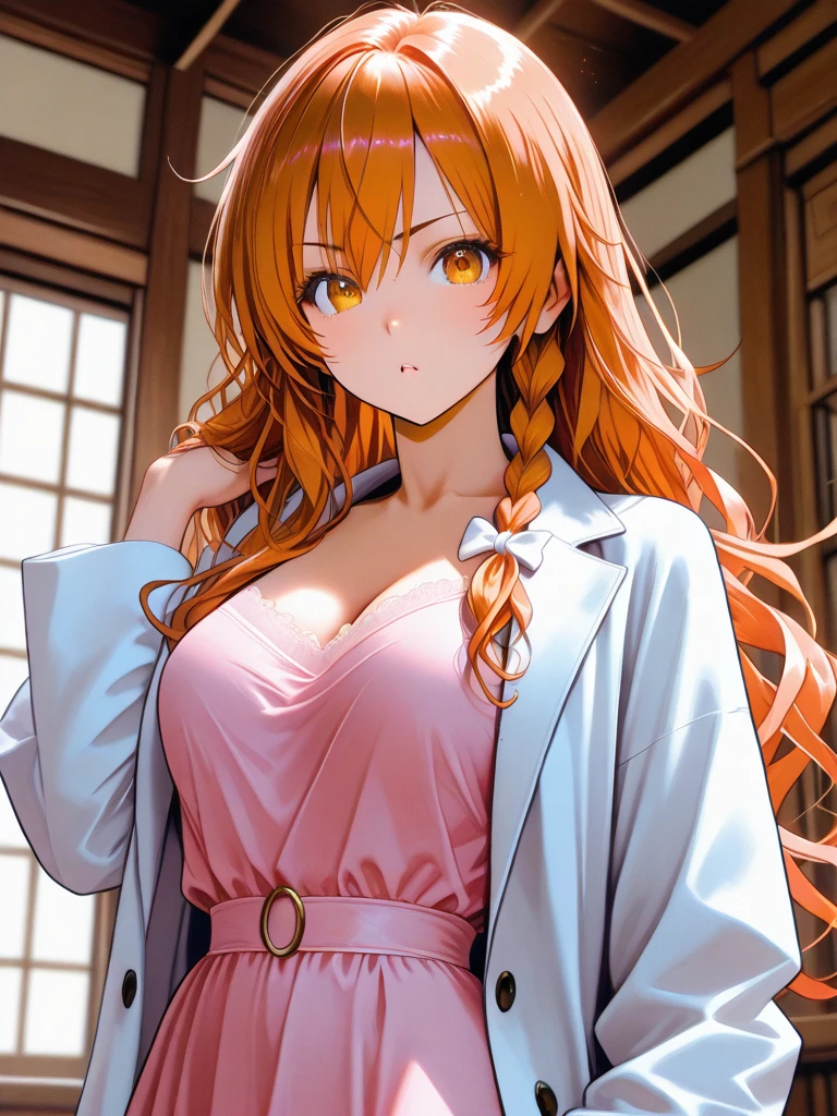 (1girl:1.3), Masterpiece, Best quality, amazing beauty, [[3D]], 4K, absurdres, finely detail, super detailed eye, perfect anatomy, official art, cinematic lighting, BREAK, foret, river, midnight, silky long hair, forehead, colored tips, orange hair, super shiny detailed green eyes, big eyes, cute eyes, thin eyebrow, Staring, open-mouth, thin lips, smile, mascara, rouge, Eyeliner, pink lips, shy, BREAK , usually, tall, slim, pale skin, porcelain skin, sitting, cross arms in front, from front, BREAK ,Hakama