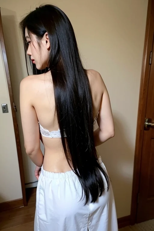 Rear view、white underwear、whole body、photo taken from below、one beautiful maid、((long navy hair))、indoor、hair ornaments