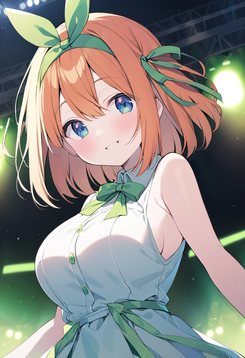 pico, short hair, green eyes, blonde hair,,,　　,　Live Stage, Big Breasts, formal dress　alone , nipple