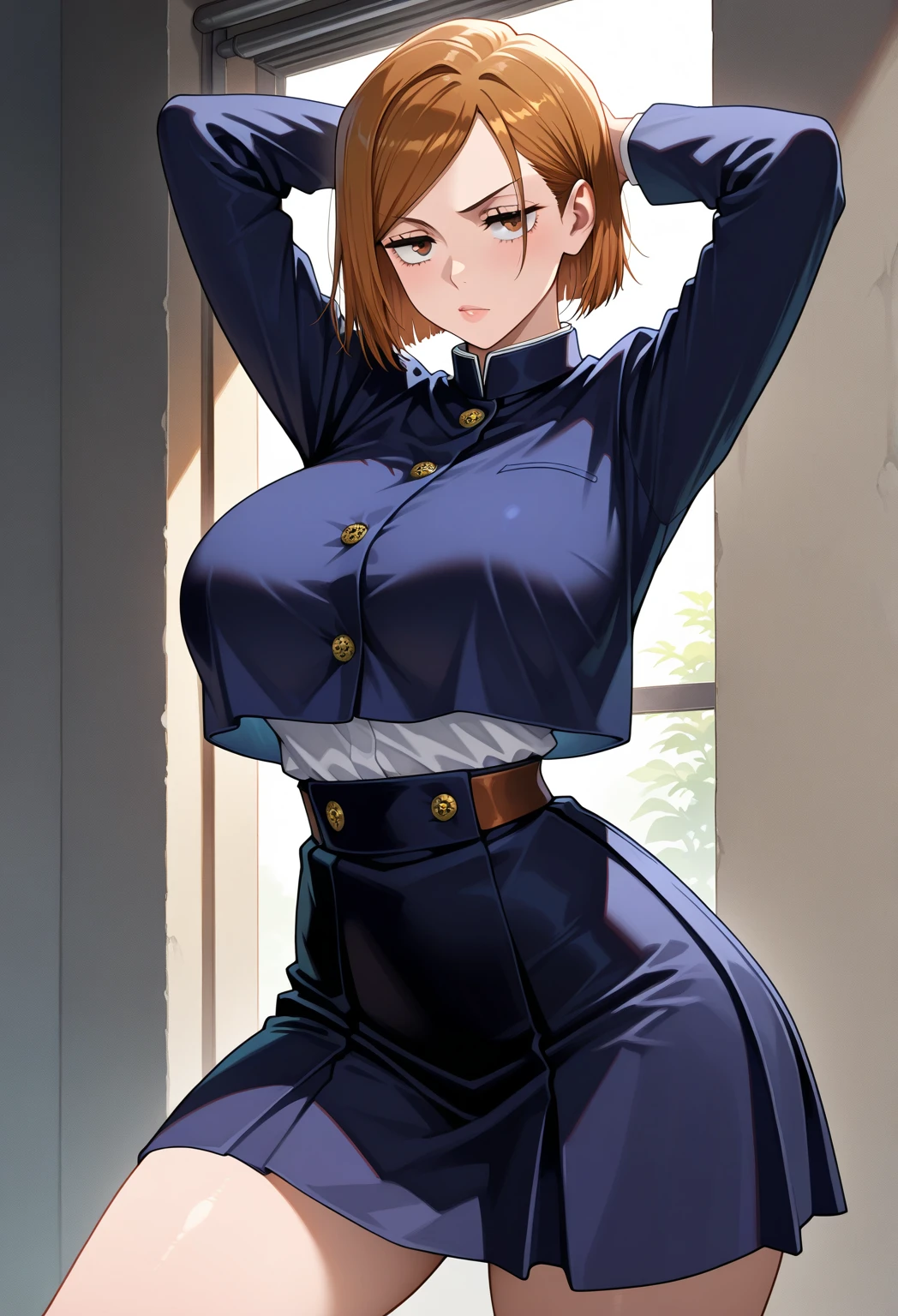 (masterpiece, highest quality, High resolution, 8k, High quality anime, sensual illustrations, Detailed and realistic), ((Nausicaa in a JK uniform)), Love in Nausicaa, Nausicaa is Full naked, Very cute,  Very beautiful girl, Baby face, , very naughty, Very kind, The best beautiful girl, adorable gaze,  Light reddish brown hair, short hair, Elegant Bob hair, Red Gem Earrings, (Looking at the audience),  Luxury Hotel Suite, Bed, Millor, Chair, Lamp, Table, Sofa bed, (Beautiful pointed breasts, Pointed nipple, Virgin pussy, Beautiful ass, delicate), JK uniform, Butterfly Ribbon tie, See-through underwear, Micro bikini, Fishnet tights, Perfect beauty, the body is slim, Frightened face, Delicate, clear eyes, (Perfect and detailed anatomy, Beautiful and elaborate face&eye:1.5, Shiny skin, Perfect balance), With pride, look up, Blush, (Very obscene pose), Pure, very adorable Nausicaa.