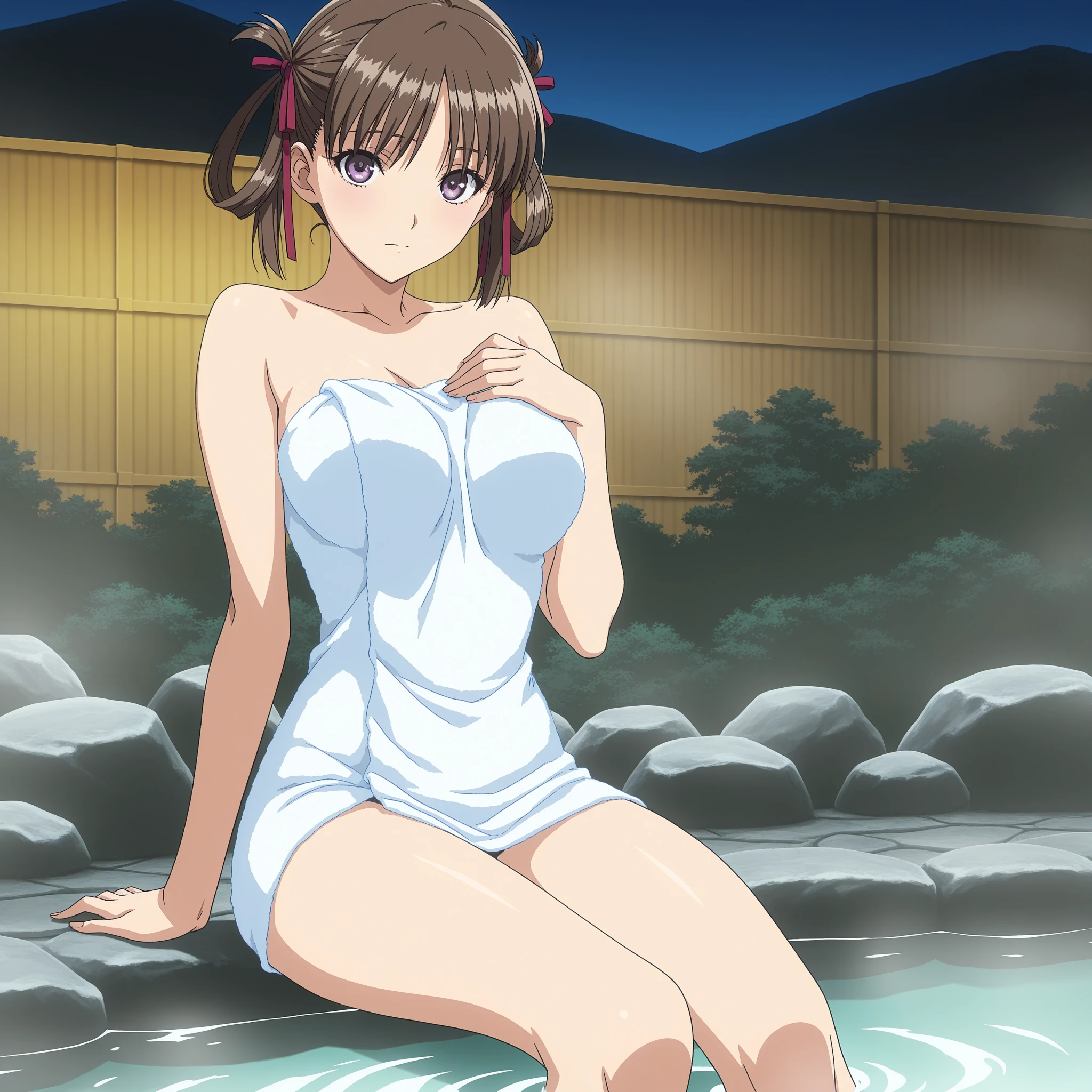 (hightquality、high-level image quality、masutepiece、4K,8K:1.1),Best Quality, High resolution, original color,1girl in,(90s anime style:1.1),(1boy and 1girl,hetero,Brown hair, Brown eyes, Ponytail, Scrunchie, Short hair, Anime coloring, 1girl in, hair scrunchie,chubby,Plump:1),(hot onsen:1.4),(Naked towel:1.6)、(Colossal tits:1.4), (hot onsen:1.2), (nighttime scene:1.3), (sitting on:1.2),(blush:1.4),(nose blush,bacchus,embarrassed,perspiring、Wet,steam:1.5),Looking at Viewer