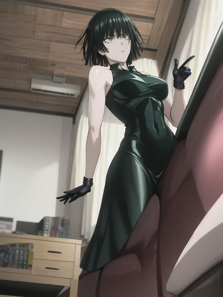 (Best Quality, Masterpiece),sexy mommy,  erotic, 18+, nsfw, 1girl, 30 years old, hourglass figure, high heels, short black hair,green detailed sparkling eyes, nude, ((micro bikini)), on all fours, cleavage, ahegao, tongue out, rolled eyes
