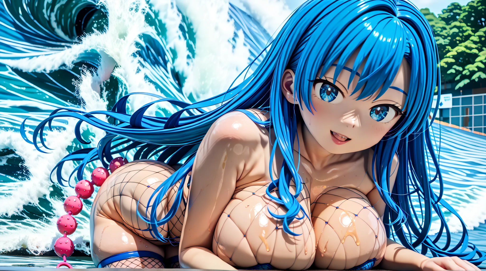 (Masterpiece, BestQuality:1.3), (ultra detailed:1.2), (hyperrealistic:1.3), (RAW photo:1.2), High detail RAW color photo, professional photograph, (Photorealistic:1.4), (realistic:1.4), professional lighting, perfect anatomy, (Big Breasts:1.2), (blush, detailed face), (cheerful Smile:1.5), (Blue Hair:1.5), Trending Hair&Trending Hairカラーをランダムに, earrings, necklace, bracelet, sexly, erotic sexly, Random sexy gravure poses, (A beautiful woman with long blonde hair wearing a light blue thong Brazilian bikini、She is turning around on the beach, squatting with her legs wide open and smiling。She is smiling happily。:1.3)