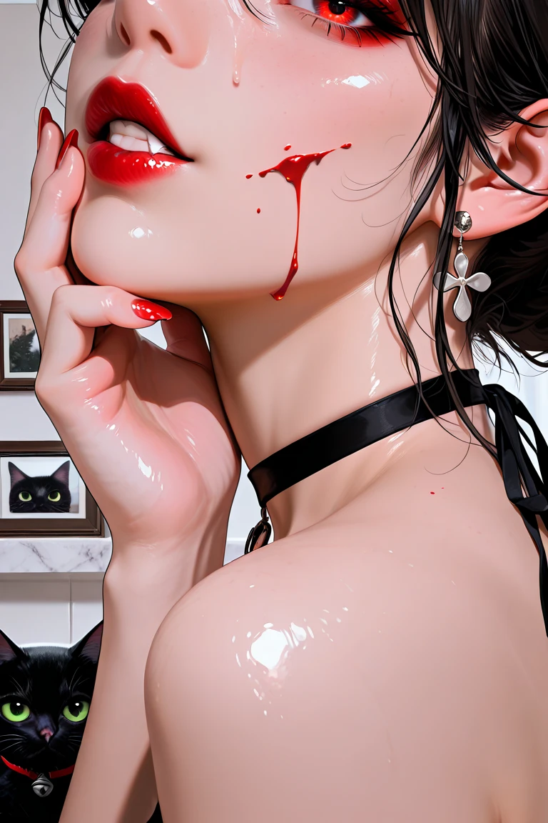 Super real, 8k, girl with black hair very short,, bust up, mouth wide open, tongue out, beautiful tongue, closing eyes, a large amount of saliva dripping, ecstasy, beautiful teeth alignment, a large amount of white liquid dripping from the mouth, hands in the mouth, shot from above