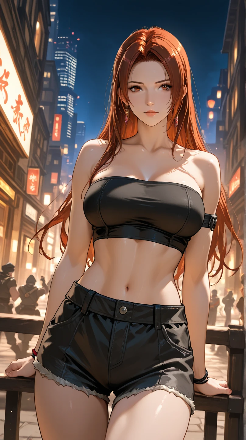 Dynamic poses,(Earring:1.5), masterpiece,(paris:1.5), raw color, 8k, illustrator, masterpiece, high quality, 8k, high resolution, high detailed, midriff, high quality, （very detailed cg unity 8k wallpaper），best qualtiy，cinematic lighting, ultra - detailed，masterpiece，）, (smile:1), (black panties:1.5), (big breast), depth of field,detail face, (night), (full body shot), looking at viewer, (turtleneck cropped sweater:1.1), (cleavage), navel,(chest tattoo)