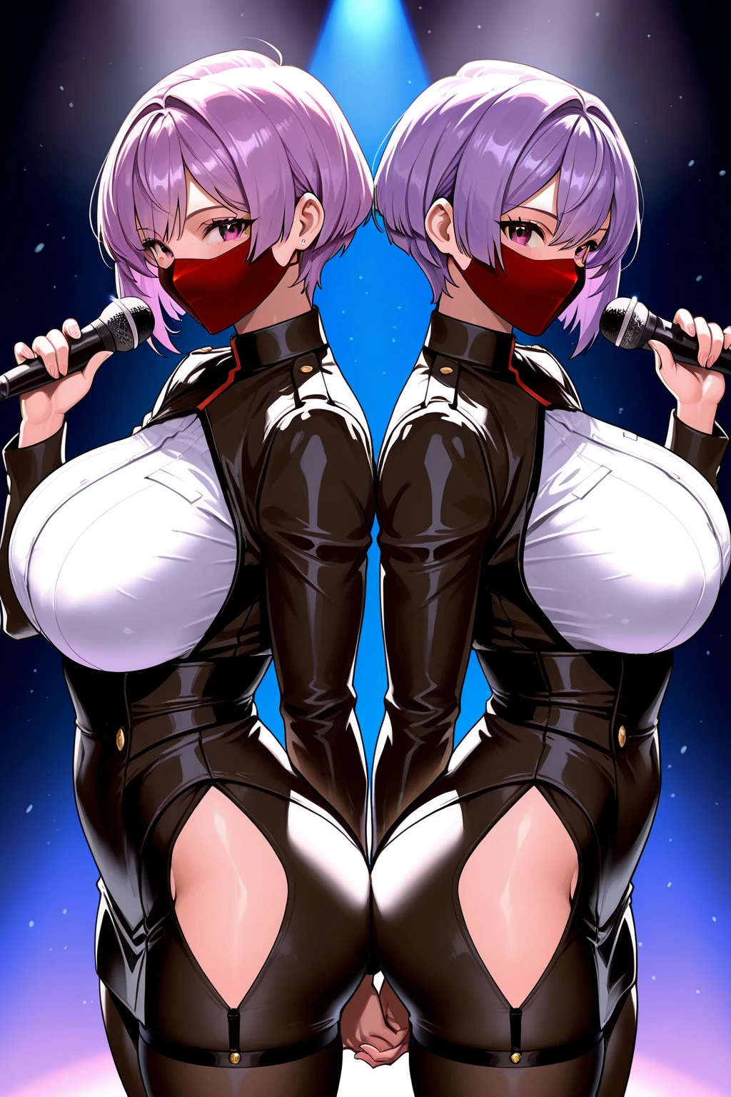 pale skin, purple hair, green eyes, ponytail, short hair, choker, messy hair, 2girls, auburn hair, single braid, red eyes, large breasts, size difference, small breasts, black hoodie, tight dress, eyepatch,