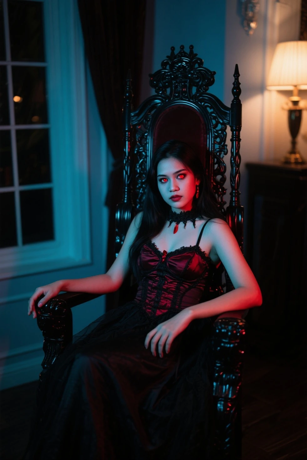 The guy with the elf ears, with long dark hair, sitting in a black chair. Purple eyes in purple light. Fae