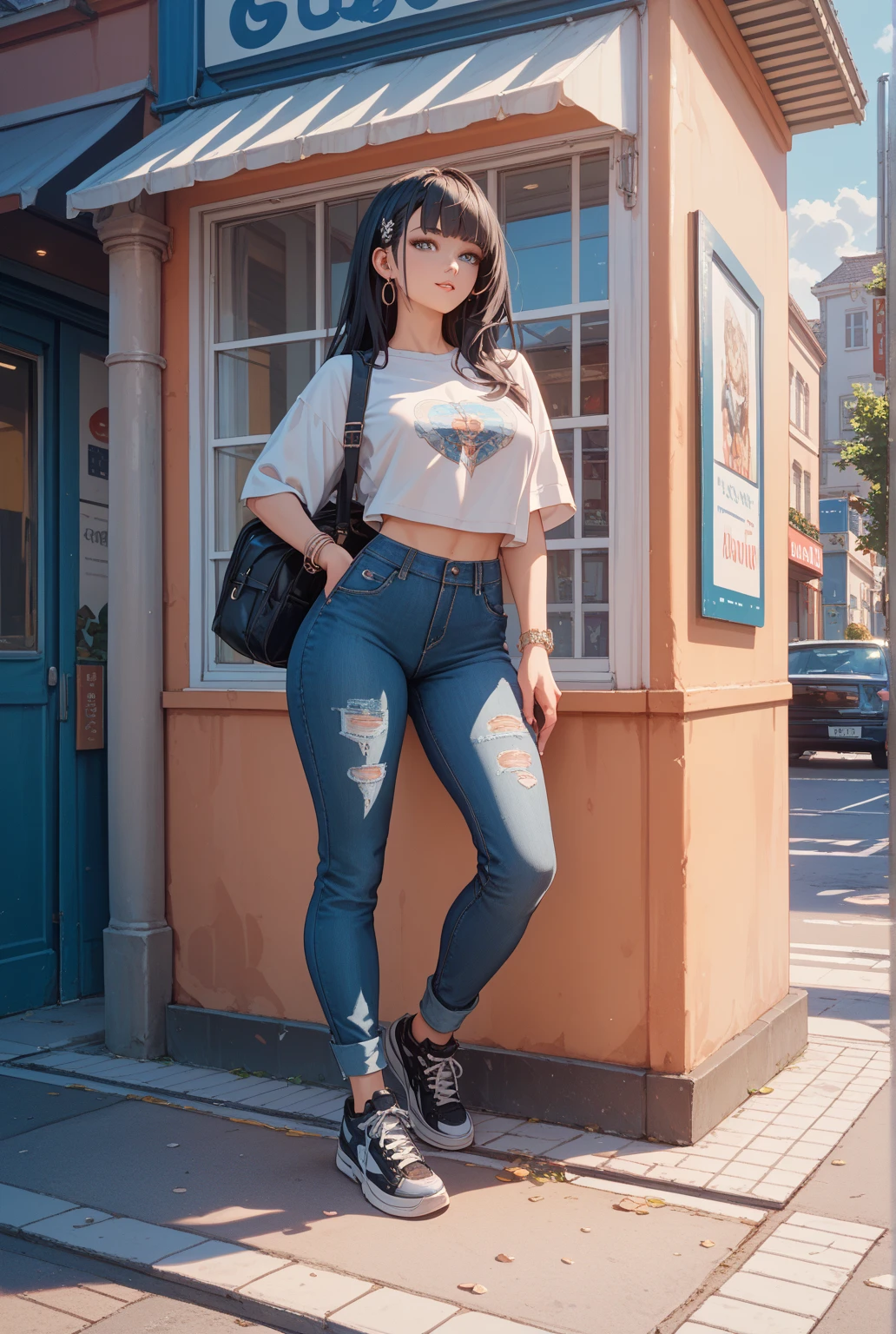 A front and back full body view of a female model in a punk-inspired outfit. The girl is depicted in a playful and vibrant manner, similar to the style shown in the reference image. She wears a High-waisted jeans with a crop top, flannel shirt, and combat boots. Her hair is styled in edgy punk manner, and she has a friendly and approachable expression. The front view shows her standing confidently, while the back view highlights the details of her outfit and hairstyle. The overall design is clean and colorful. Highly detailed, 8k, smooth, sharp focus, trending on artstation, digital painting, by Stanley Artgerm Lau, WLOP, Rossdraws, James Jean, Andrei Riabovitchev, Marc Simonetti, and Sakimichan,