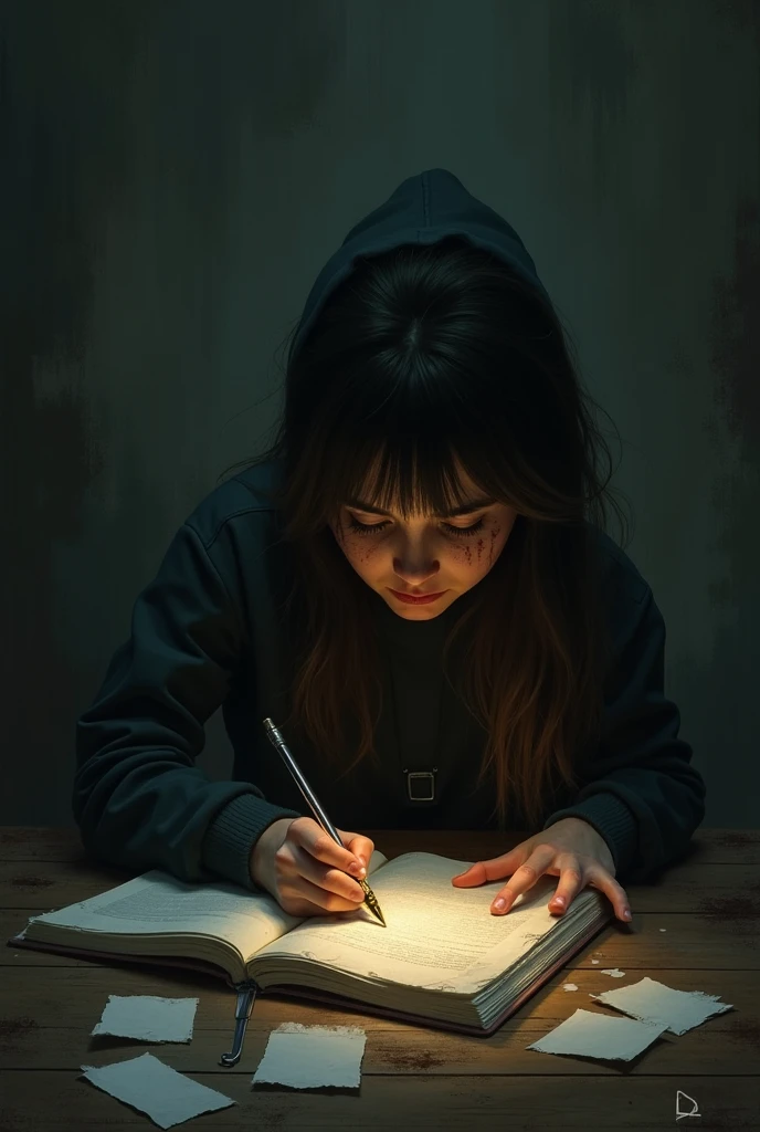 Short shoulder touching hair,dark brown eyes,pale skin,and with slander form,smaller lips,and round,tired eyes.
16 male,
black hair tied up in a loose bun at the back of my head,my eyes focused on my notebook,my hands writings rapidly
I had a black hoodie covering my masculine,thin body,and long black pants,pale skin,and slander fingers with a snake shaped ring in the fore finger
Create a picture based on this