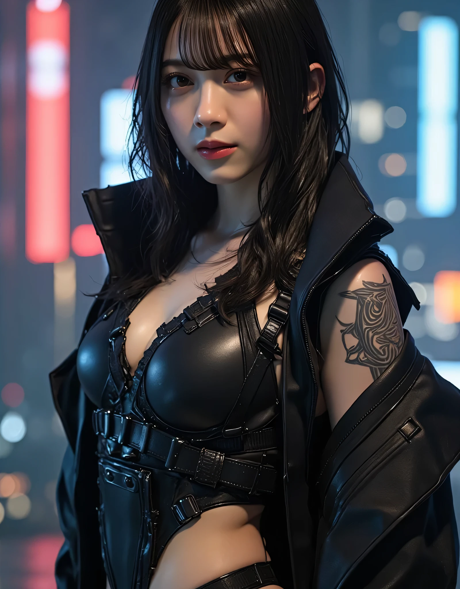 lilith, (Realistic:1.5), highest quality, a shot of a womann), (insanely small detail:1.2), busty, 13 aperture, skin bump texture, detail in shadows, (vibrant colors:1.2), intricate details, subsurface scattering, three point lighting, edge lighting, insanely detailed shadows, solo, ambient occlusion, textured skin, wide hips, tight clothing, lewd, lewd clothing, masterpiece, best quality, ultra-detailed, texture, detailed eyes, detailed face, (masterpiece:1.4),(best quality:1.4),(shiny skin), neon lights, (night:1.4), midnight, city, cyberpunk, light, (pubic hair:1.5), clear image, (saturated colors:1.5), bloom around lights,(red tone:1.4), hellscape background,