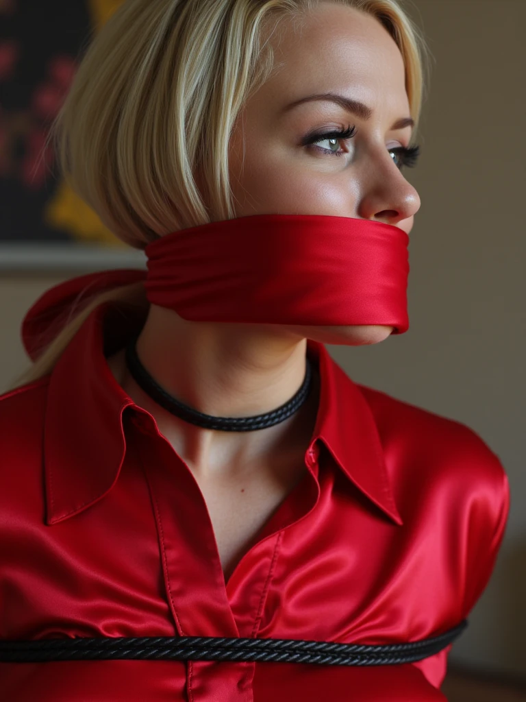 a stunningly beautiful blond women wearing a makeshift protection suit made of black plastic garbage bags, tightly tied up with rope like a helpless human package, hands tied behind back, wrapped with rope, hanging inside wardrobe, bright day, close-up, professional photo