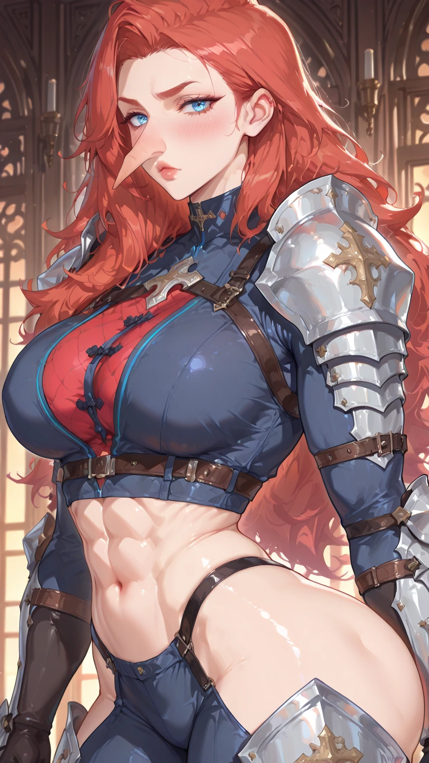 Red-haired warrior, armor, ((steel breastplate)), steel boots, medieval costume, D&d, RPG, lying down, legs open, ((red skirt)), showing panties, panties appearing, white panties, tight panties, tiny panties, upksirt, cameltoe, pantyshot, RAW, masterpiece, 8k, ultra realistic, ultra detailed,