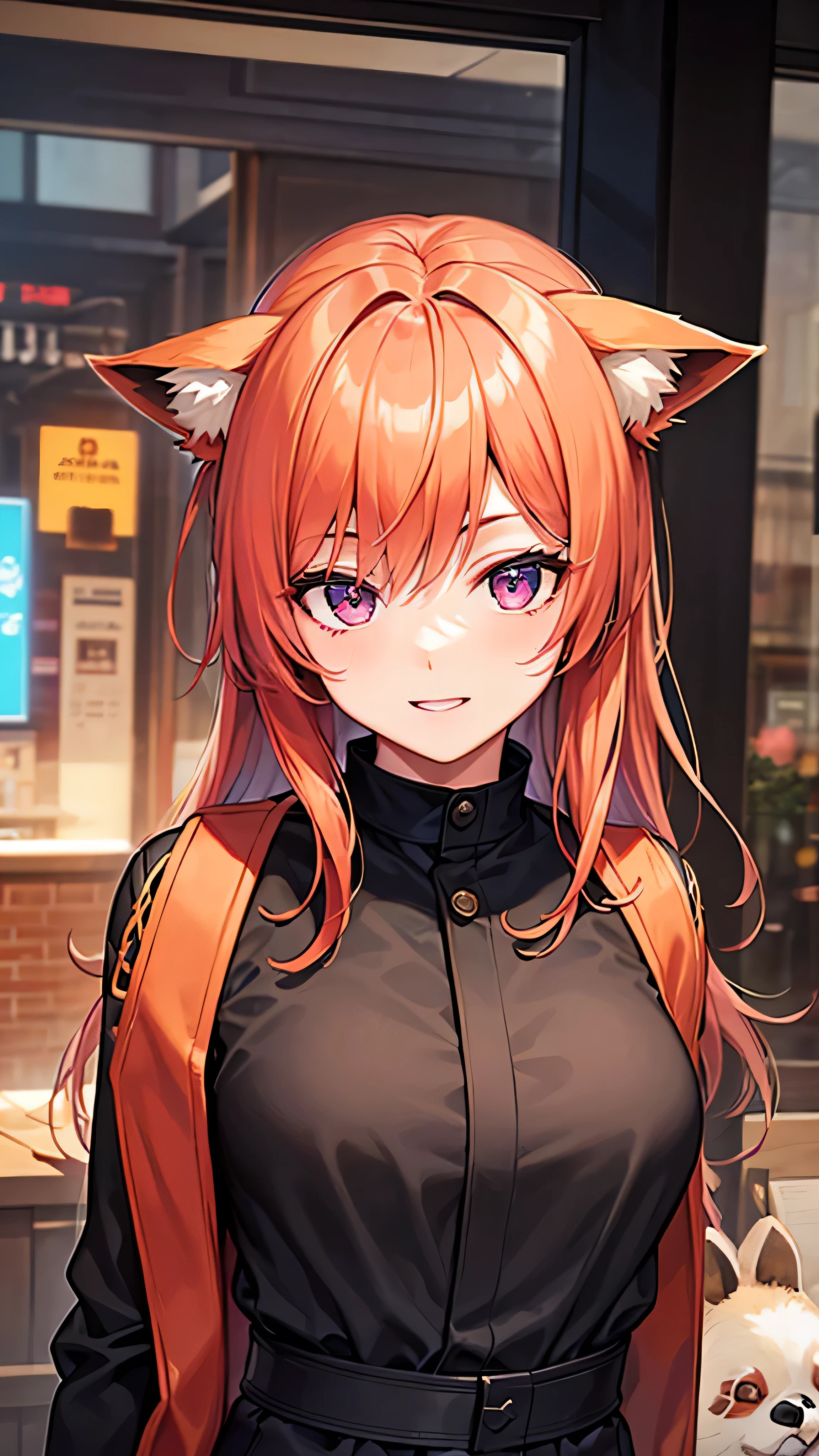 Alice, solo, 1 girl, animal ears, fox face, detailed muzzle, In detail, detailed eyes, Beautiful muzzle, color: red, orange, female focus, 1 fox tail, red tail of the best quality, exteriors, fur collar, orange skirt with fur trim, Joyful face, detailed background, black gloves, cyber punk armor, female suit mech, power armor, Technological, modern clothes, cyber punk clothes, Mechanical clothing, fluffy, orange clothing with fur trim, orange sleeves with fur trim, orange fur coat with fur trim, Best quality fox ears., 1 girl, solo, focus photo, blush, I look at the viewer, winter, night, nightfall, snowfall, snowflakes, detailed yellow eyes, Detailed beautiful yellow eyes, In detailе лицо, detailed hands and fingers, High-quality hands and fingers, Ideal , Perfect posture, Ideal hand , Perfect finger , thin waist, winter boots, long skirt, Best quality, In detail ,high resolution illustration, Cute, sly smile, blush, Vulgar girl, Thin, soft, beautiful and detailed portrait, 8K, HDR, Excellent quality, very detailed, Detailed fur, ((correct tail position)), beautiful girl, In a snow-covered dark forest, among the trees, Winter forest landscape, eye for detail, cinema lighting, cyberpunk building on background.