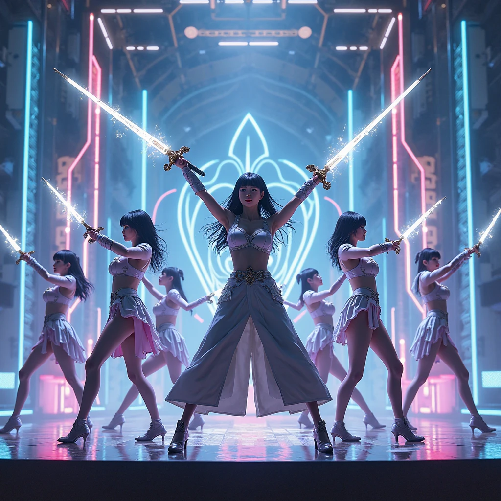 arafed woman in a white dress holding a sword in front of a group of people, still from alita, lee griggs and jason chan, fuchsia skin below the armor, still from the film, dancers, angel in plastic armor, ultra - high detail, fencing, palladium, korean idol, greg rutkowski and mario testino, 2015 cinematography --ar 16:9 --auto --s2