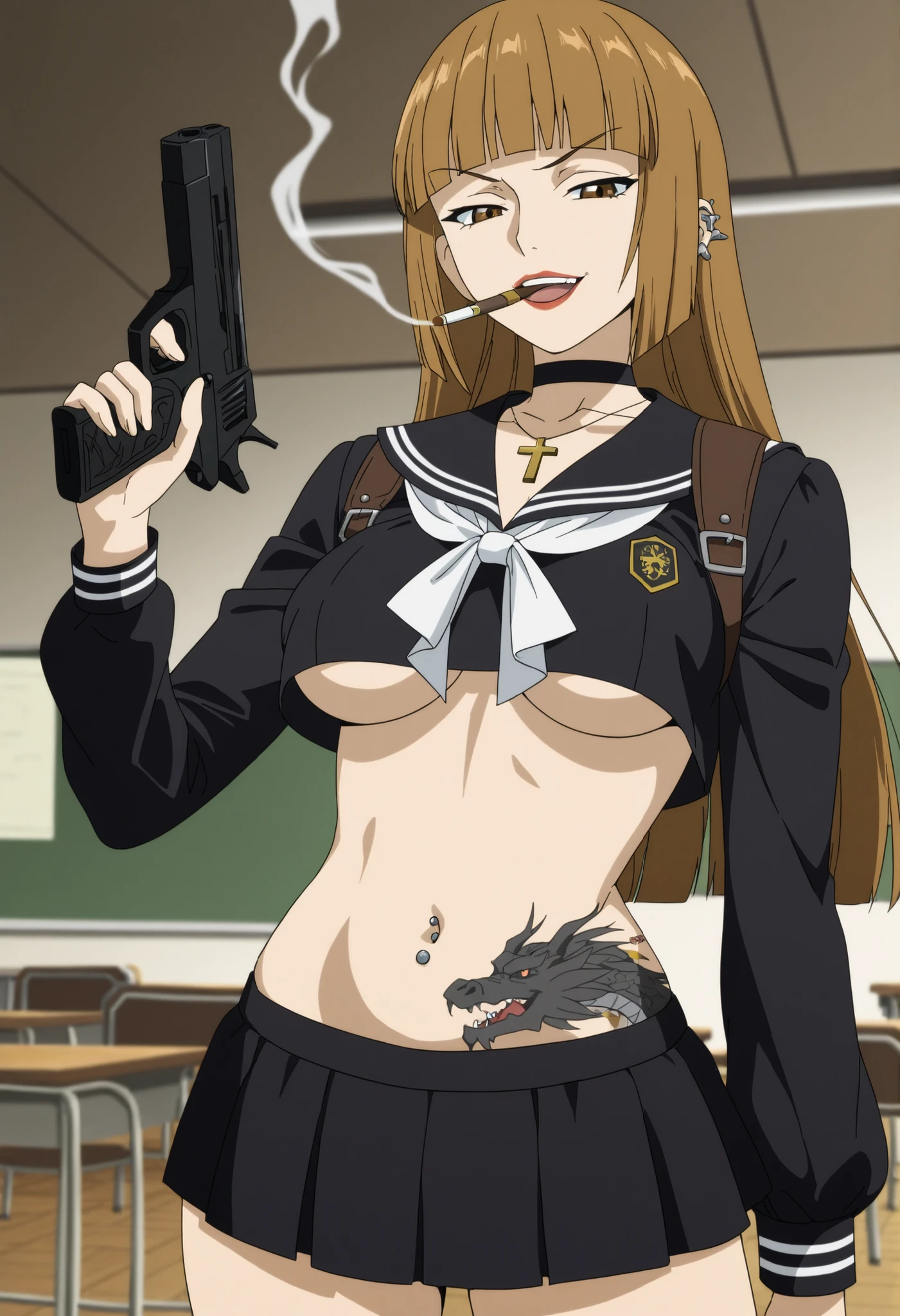 ushiromiyarosa, 1girl, solo, brown hair, brown eyes, hime cut, anime coloring, long hair, cowboy shot, ear piercing, long hair, , lipstick,Hot girl, baddie, smoking, sensual, attractive ,cross necklace, choker,, masterpiece, best quality, highly detailed, a girls in sailor uniforms with a gun posing for a picture, evil smile, smile, open mouth,black_serafuku, (nsfw) not safe for work, ecchi style, high school girls, holding a gun, hold a gun, micro skirt, exposed belly, exposed navel, exposed midriff, holding pistol,underboob, exposed lower belly,school, classroom, navel piercing , shoulder holster,, medium breast ,looking at viewer , dragon tattoo on waist, narrowed eyes, tattoo on waist, anipai_style , anime screencap , anime coloring, v-shape eyebrows,