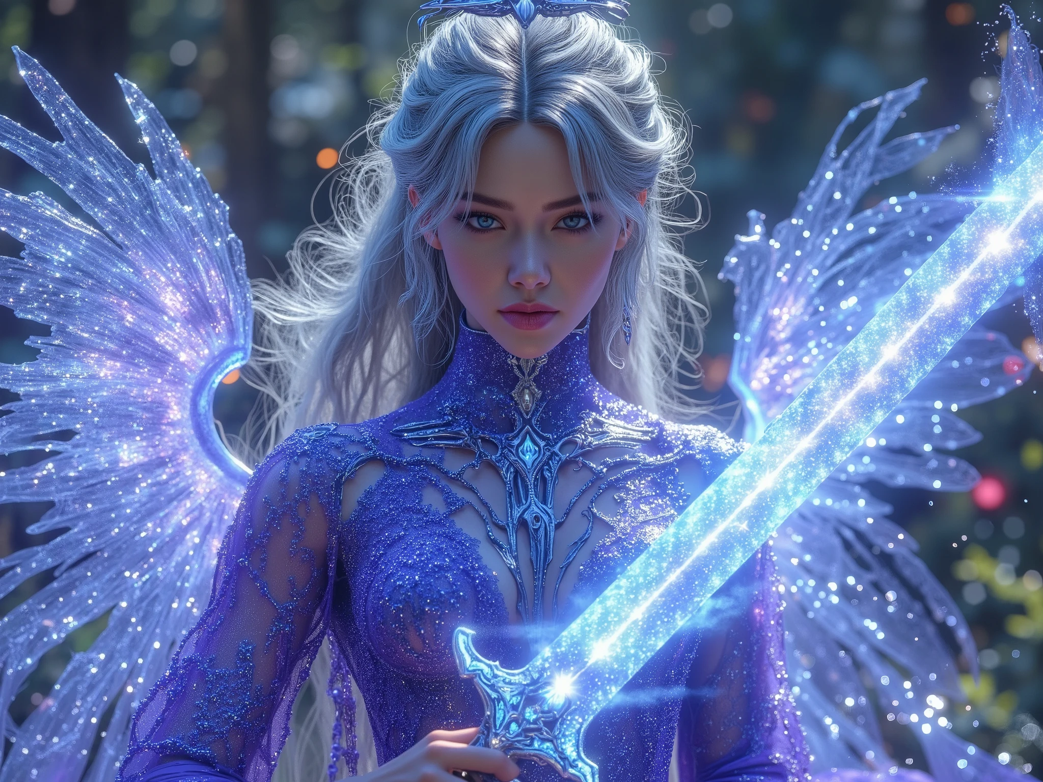 Best Quality,4K,8k,hi-res,masterpiece:1.2,Super Detailed,realistic:1.37,HDR,ultra high resolution,Ultra Fine Painting,clear focus,Physically Based Rendering,Extremely detailed description of the surroundings,Professional,Art Nouveau,tarot card style, (2 characters), dynamic angle, Dynamic Poses, intense expressions, full body, alien woman, female magic swordsman wielding a translucent blue sword is accompanied by a guardian spirit. The sword has an ethereal energy The . Women are protected by guardian spirits, has a pleasant and powerful presence ., Tied with flowing silver hair., showcases the finest craftsmanship in the medium of digital illustration, with JRPG elements . この場面はbright color彩に満ちている, captures the essence of a fantasy world . lighting emits warm light, emphasizes the intricate details of the female magic sword , and guardian spirit . A female magic swordsman gracefully manipulates weapons , adds a magical and fascinating element to the scene , The atmosphere is reminiscent of the Final Fantasy X world., Concept art inspired by Jean Giraud Mevius, The overall quality of the images generated is top notch , with Super Detailed visuals to bring this captivating composition to life. The artwork is reminiscent of a masterpiece, Concept art inspired by Jean Giraud Mevius., Amano Yoshitaka Kaze , Fractalized , Organic exoskeleton , glass exoskeleton ,Exotic plants,(Bioluminescent bacteria),bright color, Light Purple Hues ,It has become a hot topic on CGSOCIETY,Landscape,horror,SF,Concept artist,明るくbright color,dreamy lighting