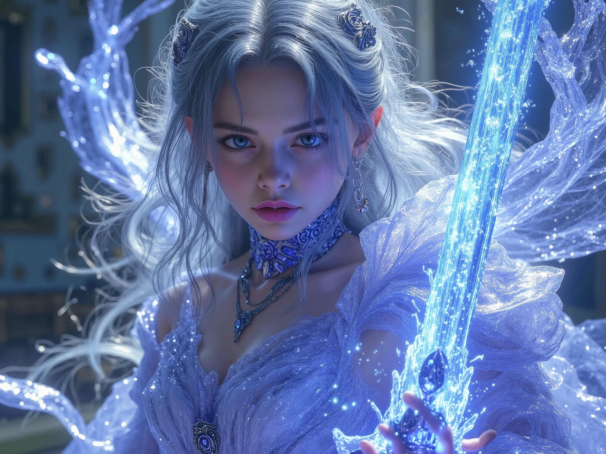 Best Quality,4K,8k,hi-res,masterpiece:1.2,Super Detailed,realistic:1.37,HDR,ultra high resolution,Ultra Fine Painting,clear focus,physical based rendering,Extremely detailed description of the surroundings,Professional,Art Nouveau,tarot card style, (2 characters), dynamic angle, Dynamic Poses, intense expressions, full body, alien woman, female magic swordsman wielding a translucent blue sword is accompanied by a guardian spirit. The sword has an ethereal energy The . Women are protected by guardian spirits, has a pleasant and powerful presence ., Tied with flowing silver hair., showcases the finest craftsmanship in the medium of digital illustration, with JRPG elements . この場面はbright color彩に満ちている, captures the essence of a fantasy world . lighting emits warm light, emphasizes the intricate details of the female magic sword , and guardian spirit . A female magic swordsman gracefully manipulates weapons , adds a magical and fascinating element to the scene , The atmosphere is reminiscent of the Final Fantasy X world., Concept art inspired by Jean Giraud Mevius, The overall quality of the images generated is top notch , with Super Detailed visuals to bring this captivating composition to life. The artwork is reminiscent of a masterpiece, Concept art inspired by Jean Giraud Mevius., Amano Yoshitaka Kaze , Fractalized , Organic exoskeleton , glass exoskeleton ,Exotic plants,(Bioluminescent bacteria),bright color, Light Purple Hues ,It has become a hot topic on CGSOCIETY,Landscape,horror,SF,Concept artist,明るくbright color,dreamy lighting