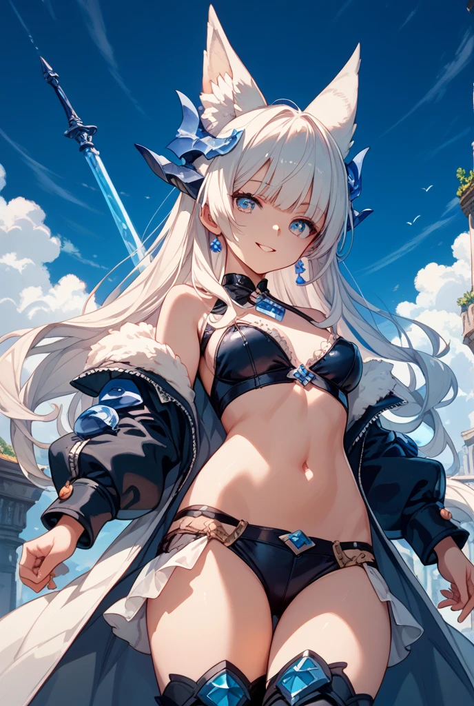 GRANBLUEfantasy,1young_teen_ girl,brown_hair,medium_bob_hair,platina_blond_hair,white_leotard,covered_crotch,thigh-highs,smile,standing,bluesky_landscape_background,slightly_spread_legs,happiness, short_gloves ,solo, r18, navel,relicbuster,short,boots,open_mouth,sitting,knees,blush,shy,bunny_ears