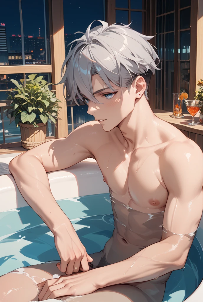 Kimishima Ikuto、17 years old、（1:boy)、(Hairstyle:Silver short hair,Wet Hair,Silver Hair)、Slanted Eyes、Brown eyes、Perfect Anatomy、(Taking a bath),Large bathtub、Bubble Bath、Thin and flat chest、In the steam、Happy smile、(Looking at the audience, With a smile), Close-up face:1.5、White, cloudy water